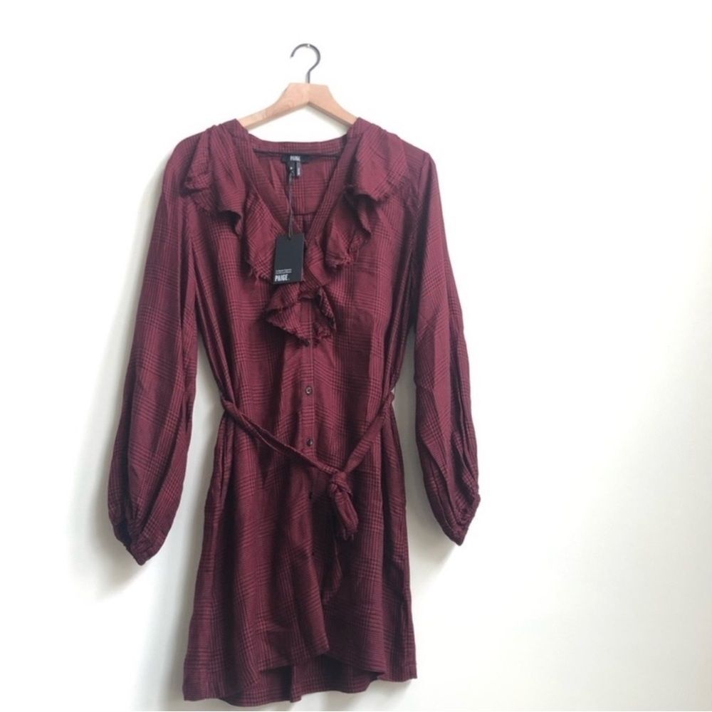 New PAIGE Isabelle Dress Rumba Red houndstooth Check Raw Ruffle button down - Picture 5 of 8
